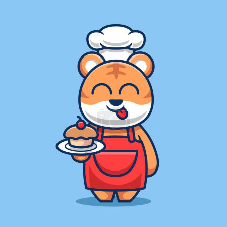 Téléchargez les illustrations : Chef tigre mignon avec gâteau à la main illustration vectorielle de dessin animé - en licence libre de droit