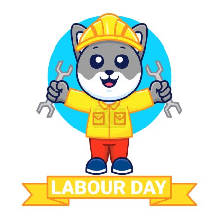 Illustration for Cute Cat Holding Wrench Labour Day Vector Cartoon Illustration. Animal Work Icon Concept Isolated. Flat Cartoon Style - Royalty Free Image