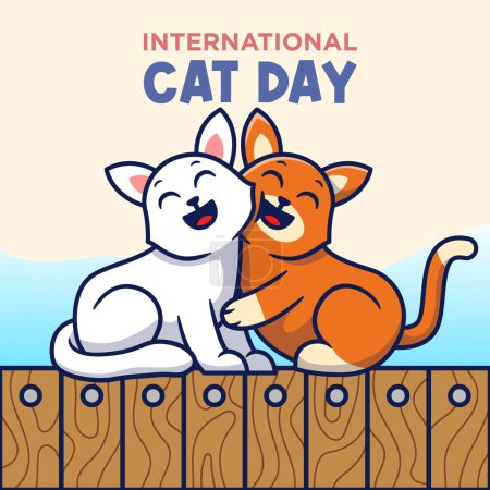 Téléchargez les illustrations : Journée internationale du chat Illustration de dessin animé vectoriel. mignon chat câlin chaque autre plat dessin animé concept. - en licence libre de droit