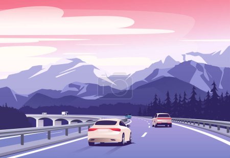 Illustration vectorielle d'une voiture conduisant sur un pont au-dessus d'une vallée dans les montagnes.