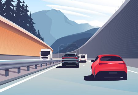 Vector illustration of a cars driving in the mountains.