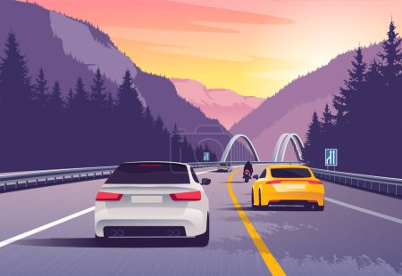 Vector illustration of a cars driving in the mountains at sunset.