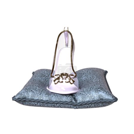 Foto de Zapatilla de cristal de cuento de hadas en una almohada aislada 3D renderizar sobre fondo blanco - Imagen libre de derechos