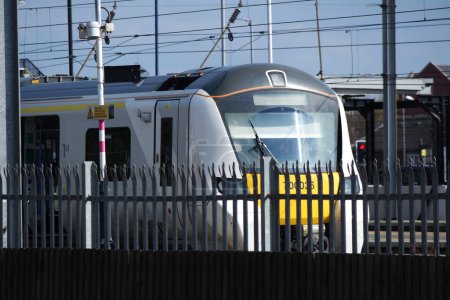 Photo for Luton, England, United Kingdom - April 8, 2023: Train on Tracks at Luton Station - Royalty Free Image