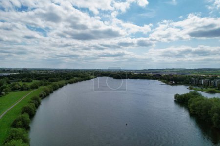 Photo for Milton Keynes, England, United Kingdom - May 21, 2023: aerial view of Caldecotte Lake - Royalty Free Image