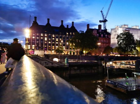 Photo for Beautiful Footage of Illuminated British Road at London eye from River Thames Westminster, Big Ben clock Tower at After Sunset Night. England Great Britain,  Footage Was Captured on Aug 02nd, 2023 - Royalty Free Image