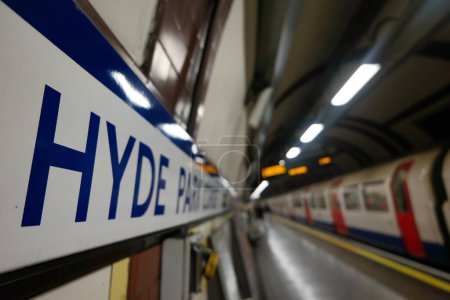 Photo for Gorgeous Low Angle View of British Train and Underground Metro Railway Platform at Hyde Park Central London City of England Great Britain,  Footage Was Captured on Aug 02nd, 2023 - Royalty Free Image