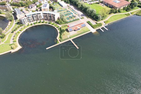 Photo for Aerial View of Caldecotte Lake at Milton Keynes City of England UK, the Footage Was captured on August 21st, 2023 with Drone's Camera. - Royalty Free Image