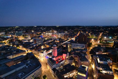 Photo for Aerial View of Illuminated Downtown Buildings, Roads and Central Luton City of England UK at Beginning of Clear Weather Night of September 5th, 2023 - Royalty Free Image