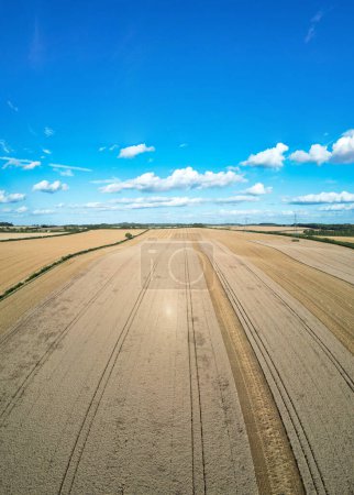 Foto de High Angle View of British Agricultural Farms at Countryside Landscape of England, Great Britain of UK. La imagen fue capturada con la cámara del dron el 19 de agosto de 2023 - Imagen libre de derechos