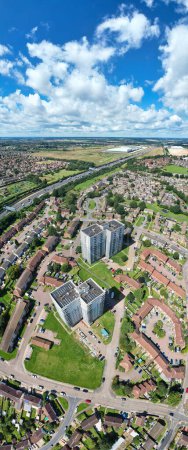 Photo for Vertical Panoramic Aerial View of British Residential District Homes During Beautiful Sunset over Luton City of England Great Britain. The Footage Captured with Drone's Camera on August 15th, 2023 - Royalty Free Image