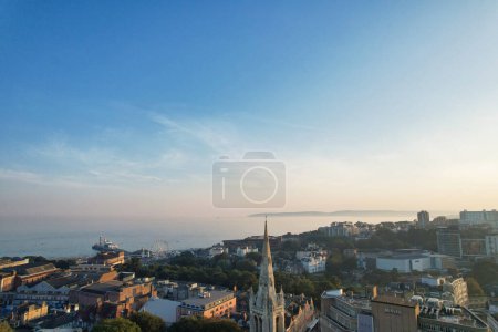 Photo for Aerial View of British Tourist Attraction of Bournemouth Beach and Sea view City of England Great Britain UK. Image Captured with Drone's Camera on September 9th, 2023 During Sunset - Royalty Free Image