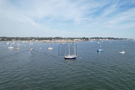 Photo for High Speed Boats in the Ocean of Poole Sea View City of England United Kingdom, Beautiful Tourist Attraction Beach City Tour Captured with Drone's Camera on September 9th, 2023 - Royalty Free Image