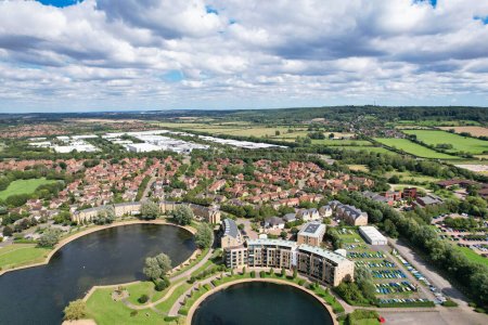 Milton Keynes, England, United Kingdom - May 21, 2023: aerial view of Caldecotte Lake 
