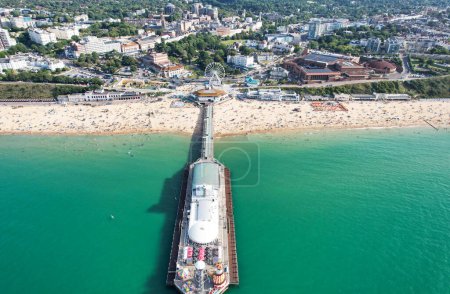 Photo for Aerial View of British Tourist Attraction of Bournemouth Beach and Sea view City of England Great Britain UK. High Angle Image Captured with Drone's Camera on August 28th, 2023 - Royalty Free Image