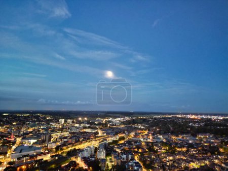 Photo for Aerial View of Illuminated Central Downtown City and Buildings View Just After Sunset. Gorgeous Shot of City Centre of Luton, England UK Was Captured with Drone's Camera on October 24th, 2023 - Royalty Free Image
