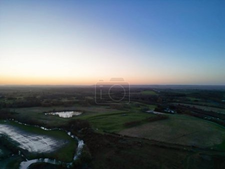 Aerial View of British Countryside Landscape Near Oxford City, Oxfordshire, England UK During Sunrise Morning. March 23rd, 2024