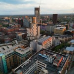 Aerial View of Great Manchester City Centre and Tall Buildings During Golden Hour of Sunset. May 5th, 2024