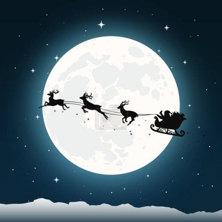 Silhouette von Weihnachtsmann Schlitten und Rentiere auf Vollmond Hintergrund. Zeichentrickvektorillustration. Märchenhaftes, magisches Weihnachtskartendesign.