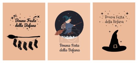 Old good Witch Befana tradition Christmas Epiphany character in Italy flying on broomstick . Bouna festa della befana greeting card, template set, collection 