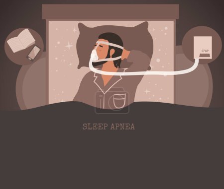 Illustration for Man in mask sleeping with Cpap machine, concept of healthy sleeping.(CPAP) therapy treatment obstructive sleep apnea. Sleeping problems and disorders collections. Cartoon flat - Royalty Free Image