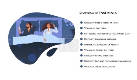 Ilustración de Sleepy couple, man in bed suffers from insomnia. Cartoon style illustration. Symptoms of Insomnia, medical banner, template - Imagen libre de derechos