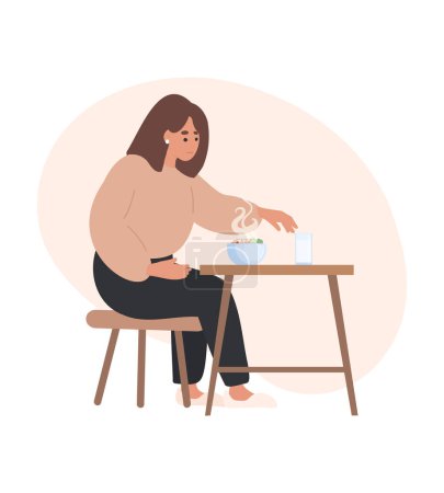 Illustration for Sad woman refusing to eat. Anorexia, bulimia eating disorder. Diet risk. Cartoon flat Vector illustration. Girl with no appetite for food, woman not hungry - Royalty Free Image