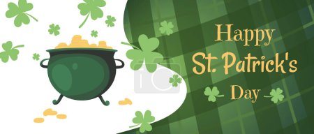 Téléchargez les illustrations : Happy St. Patrick's Day horizontal banner, template Cauldron with gold. - en licence libre de droit