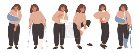 Illustration for Woman with hand, leg Fracture, foot in cast, plastered female character set with crutches - Royalty Free Image