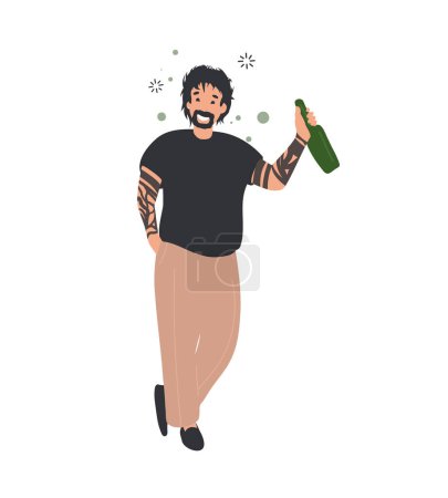 Illustration for Drunk smiling Man with bottles of wine in Hands. Vector illustration - Royalty Free Image