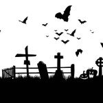 Black cemetery silhouette, tombstones, flying bats. Vector illustration