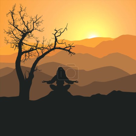 Ilustración de Meditación bajo el árbol en la montaña, mente tranquila y clara. Budismo. Bienestar concepto espiritual. Cartel interior serie - Imagen libre de derechos