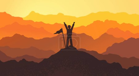 Illustration for Concept of successive steps to goal achievement. Climbing concept. Illustration for freedom and travel concept. Woman climbing up mountains or cliffs and moving to final destination point - Royalty Free Image