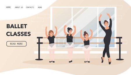 Ilustración de Bailarina, profesora y niñas bailando ballet clásico. Concepto de vector de dibujos animados de clase de ballet para banner, sitio web, ilustración, landing page. - Imagen libre de derechos