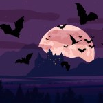 Halloween banner, template, greeting card, Silhouettes of bats, full moon, draculas castle and scary forest.