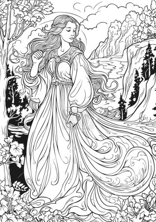 Enchanted Realm, Princess Coloring Book pages, linear Vector illustration