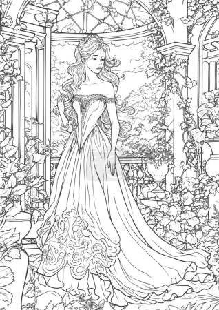 Illustration for Enchanted Realm, Princess Coloring Book pages, linear Vector illustration - Royalty Free Image
