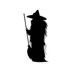 Witch silhouette halloween element clip art icon, broomstick, cauldron brewing potion. Vector illustration
