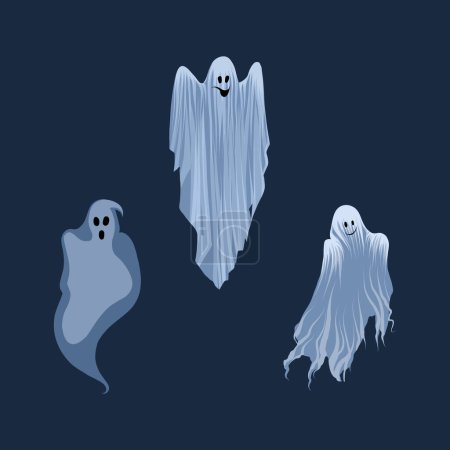 Sammlung gruseliger Geister zu Halloween. Schwebende Erscheinungen. Gespenstische Monster. Flache Zeichentrickfigur Vektor-Illustration