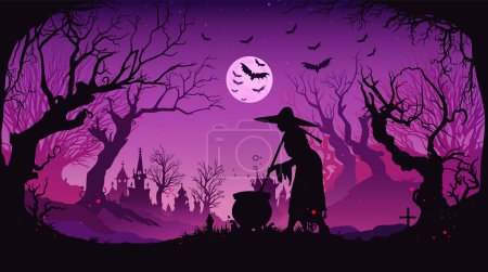 Witch brew potion at haunted pink forest halloween background. Vector illustration