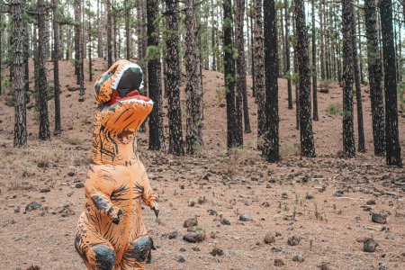 ein T-Rex-Kostüm, das die Erde erkundet und auf der Straße eines Waldes oder Berges nach etwas sucht 