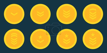 Illustration for Army Rank Gold Icon. Military Badge Insignia Symbol. Chevron Star and Stripes Logo. Soldier Sergeant, Major, Officer, General, Lieutenant, Colonel Emblem. Isolated Vector Illustration. - Royalty Free Image