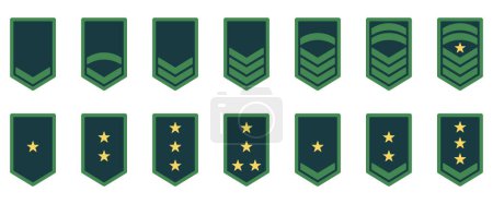 Illustration for Army Rank Icon. Military Badge Insignia Green Symbol. Chevron Yellow Star and Stripes Logo. Soldier Sergeant, Major, Officer, General, Lieutenant, Colonel Emblem. Isolated Vector Illustration. - Royalty Free Image