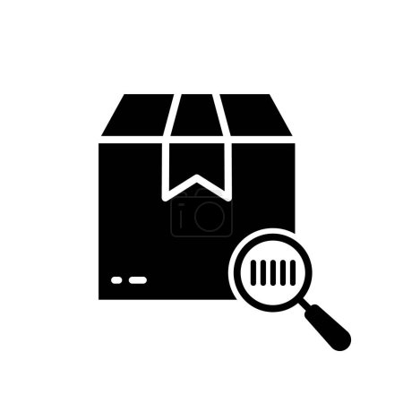 Illustration for Search Product Bar Code on Cardboard Package Silhouette Icon. Browse Tracking Number Glyph Pictogram. Find Unique Barcode on Parcel Box with Magnifier Scanner Icon. Isolated Vector Illustration. - Royalty Free Image