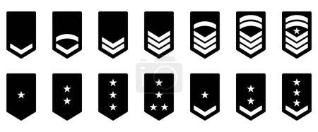 Illustration for Army Rank Black Silhouette Icon. Military Badge Insignia Symbol. Chevron Star and Stripes Logo. Soldier Sergeant, Major, Officer, General, Lieutenant, Colonel Emblem. Isolated Vector Illustration. - Royalty Free Image