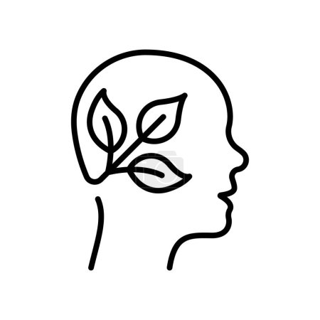 Illustration for Leaf and Person Brain Ecology Environment Concept Line Icon. Plant in Human Head Linear Pictogram. Tree Branch Ecology Idea Outline Icon. Green Thinking. Editable Stroke. Isolated Vector Illustration. - Royalty Free Image