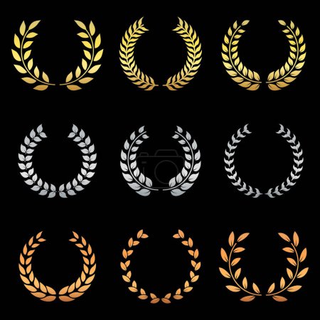 Illustration for Gold, Silver, and Bronze Laurel Wreath Silhouette Icon Set. Success Chaplet Symbol. Champion Foliate Trophy Pictogram. Olive Leaves Branch Award Round Emblem. Isolated Vector Illustration. - Royalty Free Image