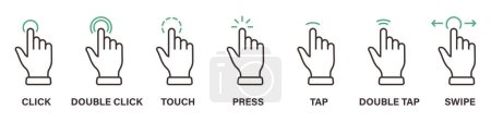 Toucher les doigts de la main, balayer, cliquer, appuyer et appuyer sur la ligne Icône Set. Diapositive geste Icône contour gauche et droite. Double-cliquez et appuyez sur Signe. Un AVC modifiable. Illustration vectorielle isolée. 