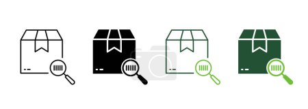 Illustration for Barcode on Parcel Box with Magnifier Scanner Silhouette and Line Icon. Search Product Bar Code on Cardboard Package Pictogram. Find Tracking Number Icon. Editable Stroke. Isolated Vector Illustration. - Royalty Free Image