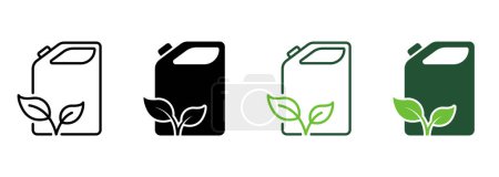 Illustration for Canister for Eco Gasoline Line and Silhouette Icon Color Set. Container for Organic Liquid Pictogram. Fuel Can for Natural Diesel Symbol Collection on White Background. Isolated Vector Illustration. - Royalty Free Image